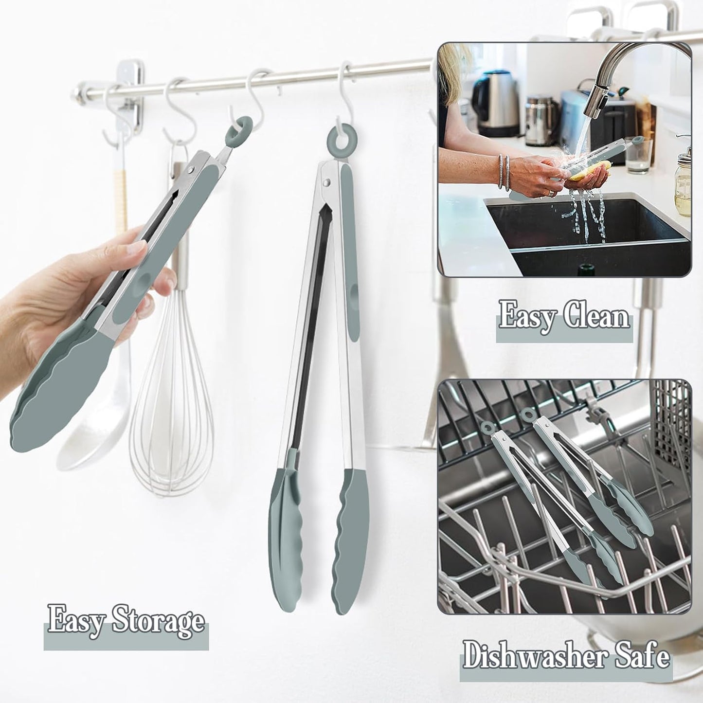 TeamFar Kitchen Tongs, 9" and 12" Stainless Steel Cooking Tongs with Silicone Tips for Cooking Grilling Serving & BBQ, Heat Resistant Silicone Tongs, Locking Design & Dishwasher Safe, Set of 2 & Khaki