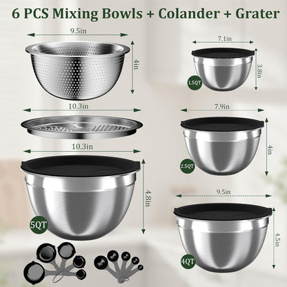 Mixing Bowls with Airtight Lids Set, 4 Stainless Steel Bowls Nesting Bowls & Colander, Kitchen Organizers and Storage Non-Slip Bottom, Size 1.5/2.0/2.5/4.5QT, Great for Mixing & Serving, Khaki