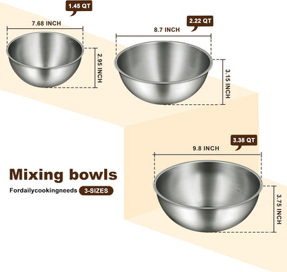 Gronivex Metal Mixing Bowls, 304 Stainless Steel, Set of 3 (1.5, 2.2 & 3.4 Qt) – Thicker-Gauge, Stackable Nesting & Space-Saving – Classic Everyday Bowls for Baking, Salad Prep & Cooking