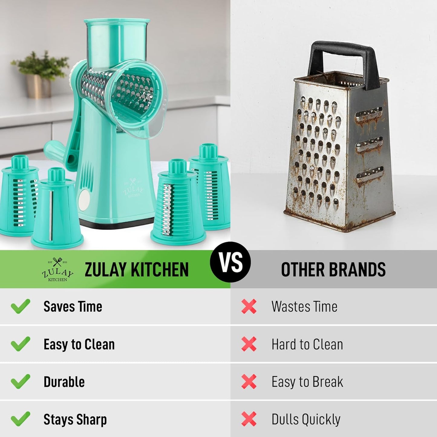 Zulay Kitchen Rotary Cheese Grater 5 Blade Cheese Shredder - Manual Hand Crank Cheese Grater With Reinforced Suction & 5 Interchangeable Drums - Easy to Use, Vegetable Chopper Round Mandoline Slicer - Colors A