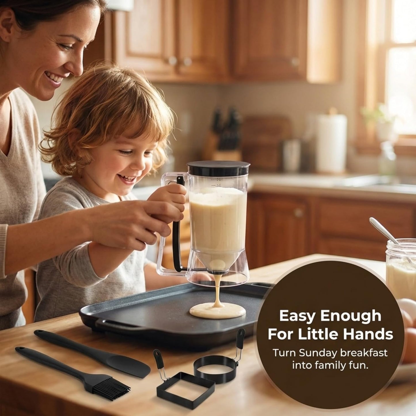 Complete Pancake & Cupcake Batter Dispenser Set - 4 Cup Capacity with Silicone Spatula, Basting Brush & Egg Rings - BPA Free All-In-One Breakfast & Baking Kitchen Tool for Home Cooking