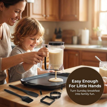 Complete Pancake & Cupcake Batter Dispenser Set - 4 Cup Capacity with Silicone Spatula, Basting Brush & Egg Rings - BPA Free All-In-One Breakfast & Baking Kitchen Tool for Home Cooking