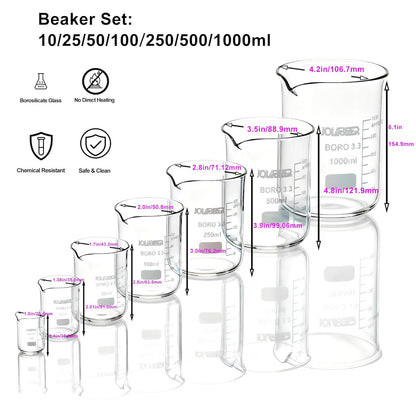 Glass Beaker Set - 7 Size -10ml 25ml 50ml 100ml 250ml 500ml 1000ml, 3.3 Boro Griffin Low Form Lab Beakers with Printed Graduation