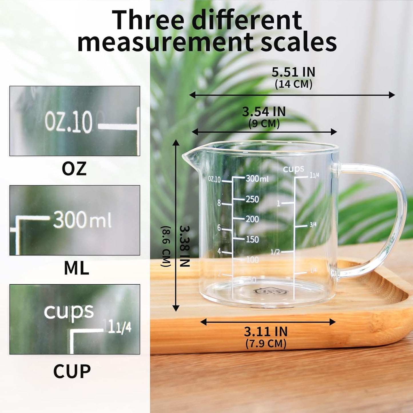 77L Glass Measuring Cup, 300 ML Clear Liquid Measuring Cup with V-Shaped Spout and Three Scales, High Borosilicate Glass Beaker with Handle for Kitchen or Restaurant (0.3 Liter, 1 1/4 Cup)