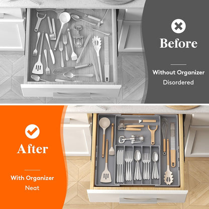 Lifewit Silverware Drawer Organizer, Expandable Utensil Tray for Kitchen, BPA Free Flatware and Cutlery Holder, Adjustable Plastic Storage for Spoons Forks Knives, 4-7 Slots, Black