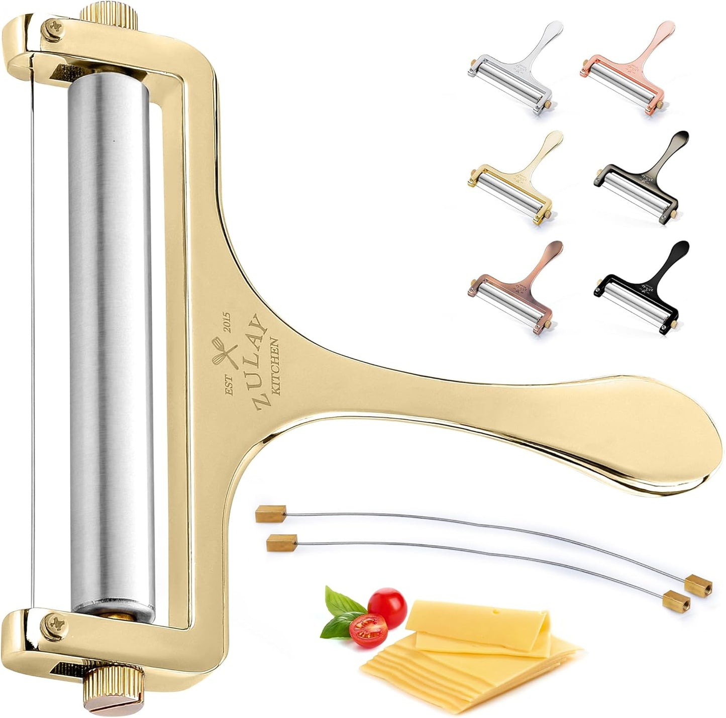 Zulay Kitchen Stainless Steel Wire Cheese Slicer - Adjustable Hand Held Cheese Cutter with 2 Extra Wires - Premium Cheese Shaver For Mozzarella, Cheddar, Gruyere - Cheese Cutter with Wire (Gunmetal)