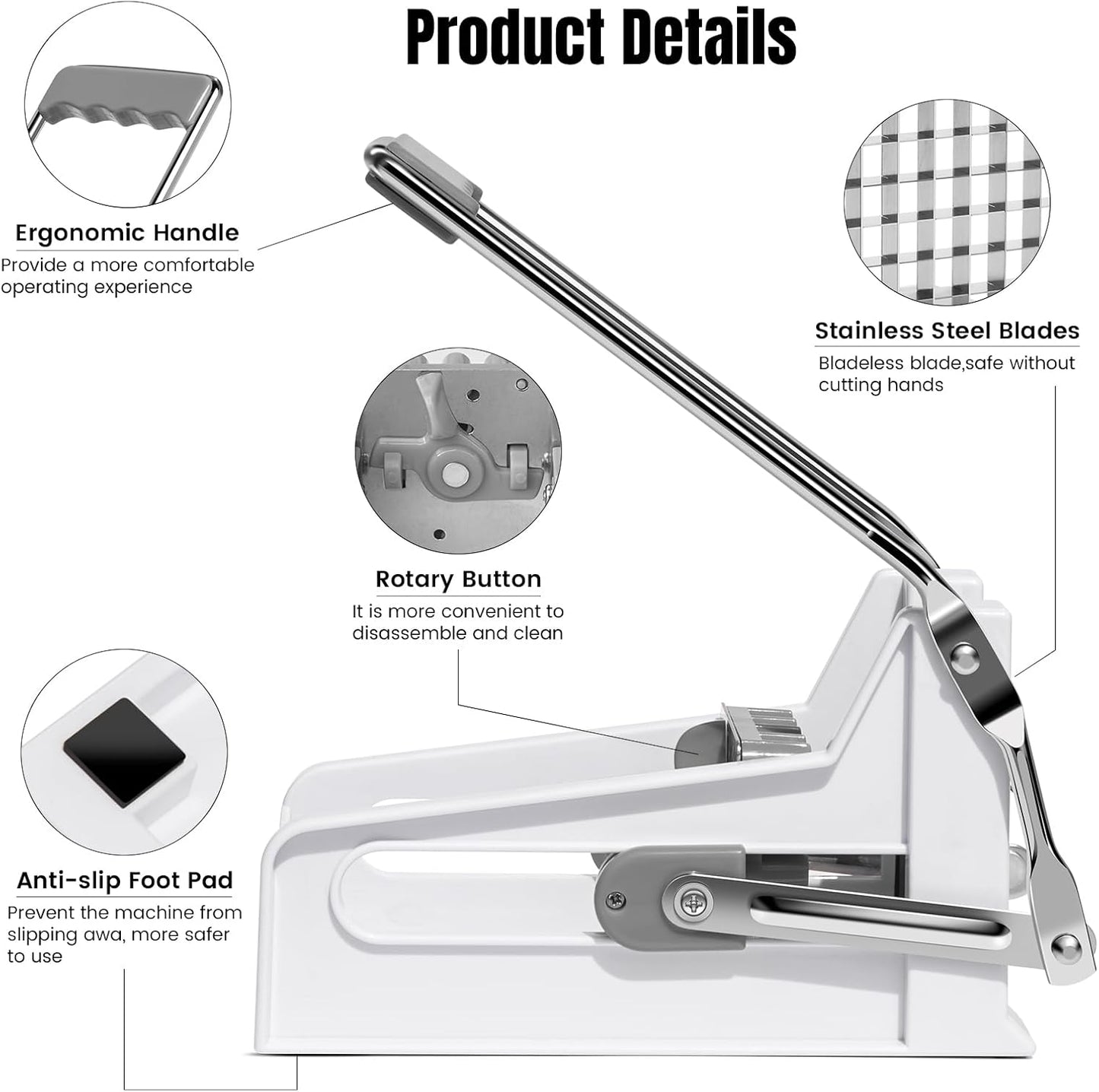 French Fry Cutter with 2 Stainless Steel Blades | Potato Cutter for Slicing Potatoes, Carrots, Cucumbers & Onions | Non-Slip Base, Durable Plastic Design | Grey & White Kitchen Gadget