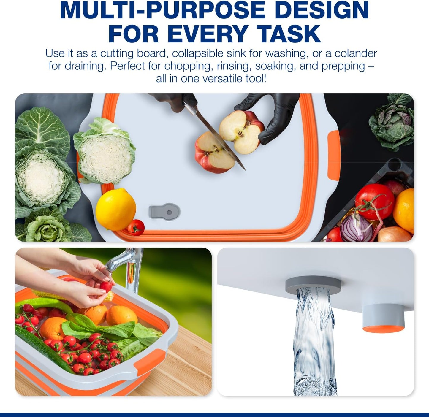 2-Pack XL Collapsible BBQ Prep Tub with Built-In Cutting Board, Lid & Strainer – Marinate, Drain & Prep – Large Food-Safe Container – Perfect for Grilling, Smoking & Outdoor Cooking (Black)