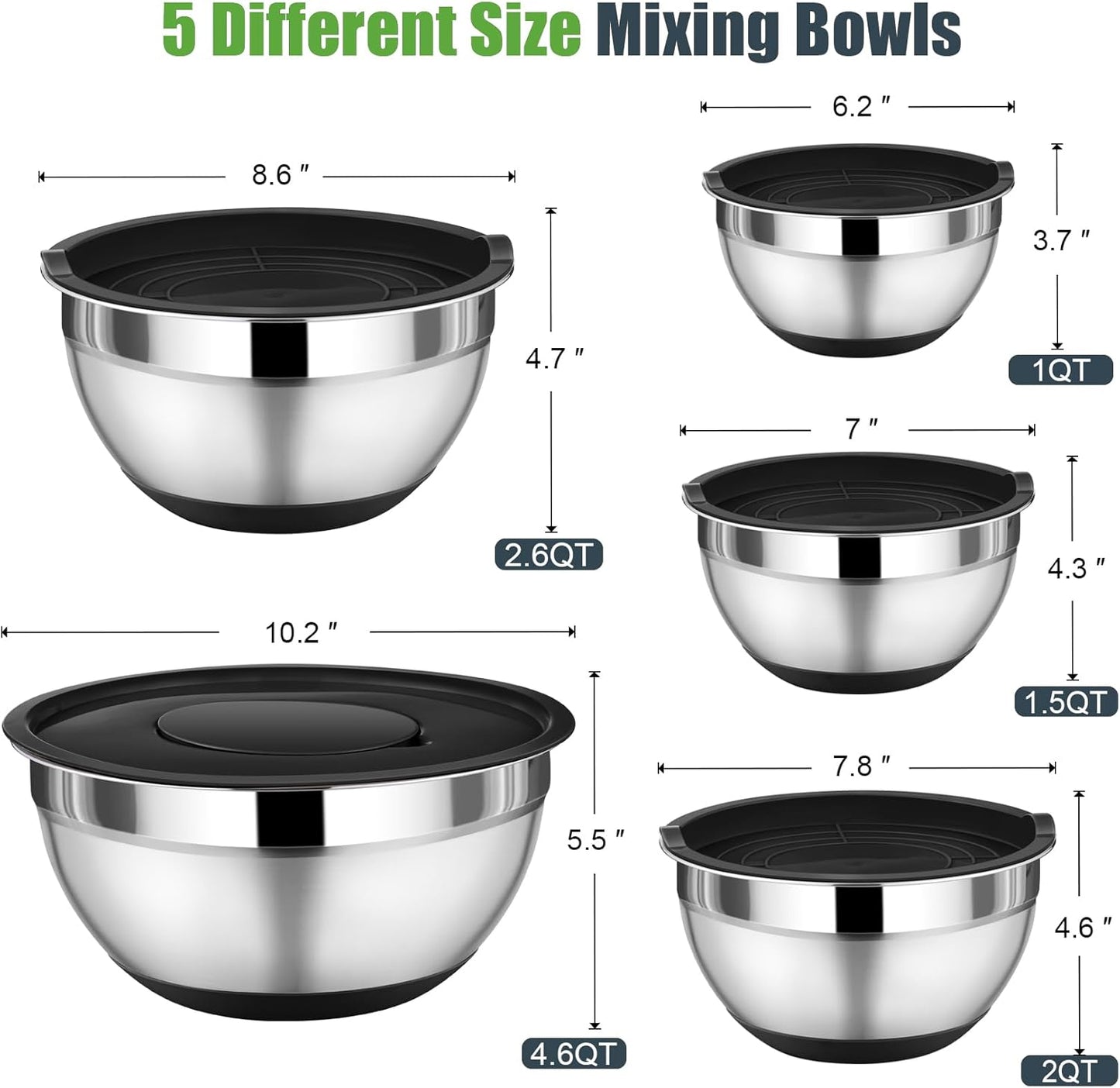 P&P CHEF Mixing Bowl with Lid Set, 5 Piece Stainless Steel Mixing Nesting Bowls for Salad Storage, 3 Grater Attachments & Non-Slip Bottoms, Size 1/1.5/2 / 2.6/4.6 QT, Multicolor