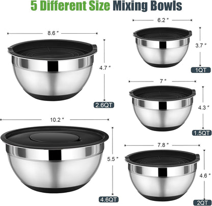P&P CHEF Mixing Bowl with Lid Set, 5 Piece Stainless Steel Mixing Nesting Bowls for Salad Storage, 3 Grater Attachments & Non-Slip Bottoms, Size 1/1.5/2 / 2.6/4.6 QT, Multicolor