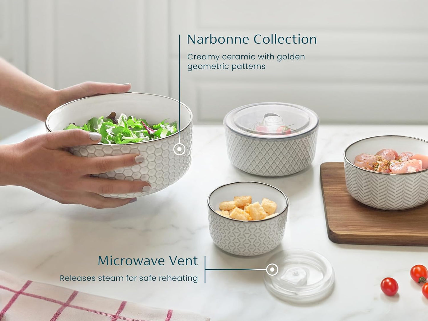 KooK Serving Bowls, with Lids, Ceramic Nesting Bowls, Set of 4, Embossed, Kitchen, Prep, Stackable, Gift, Microwave and Dishwasher Safe, 16/29/47/70 oz, Narbonne Collection (Ivory)