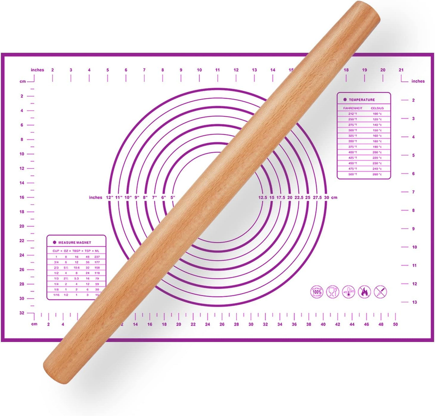 Wood French Rolling Pin for Baking, QUELLANCE Wooden Dough Roller with Silicone Baking Mat, Beech Wood Rolling Pins for Baking Dough, Pizza, Pie, Pastries, Pasta and Cookies,Blue Pastry Mat