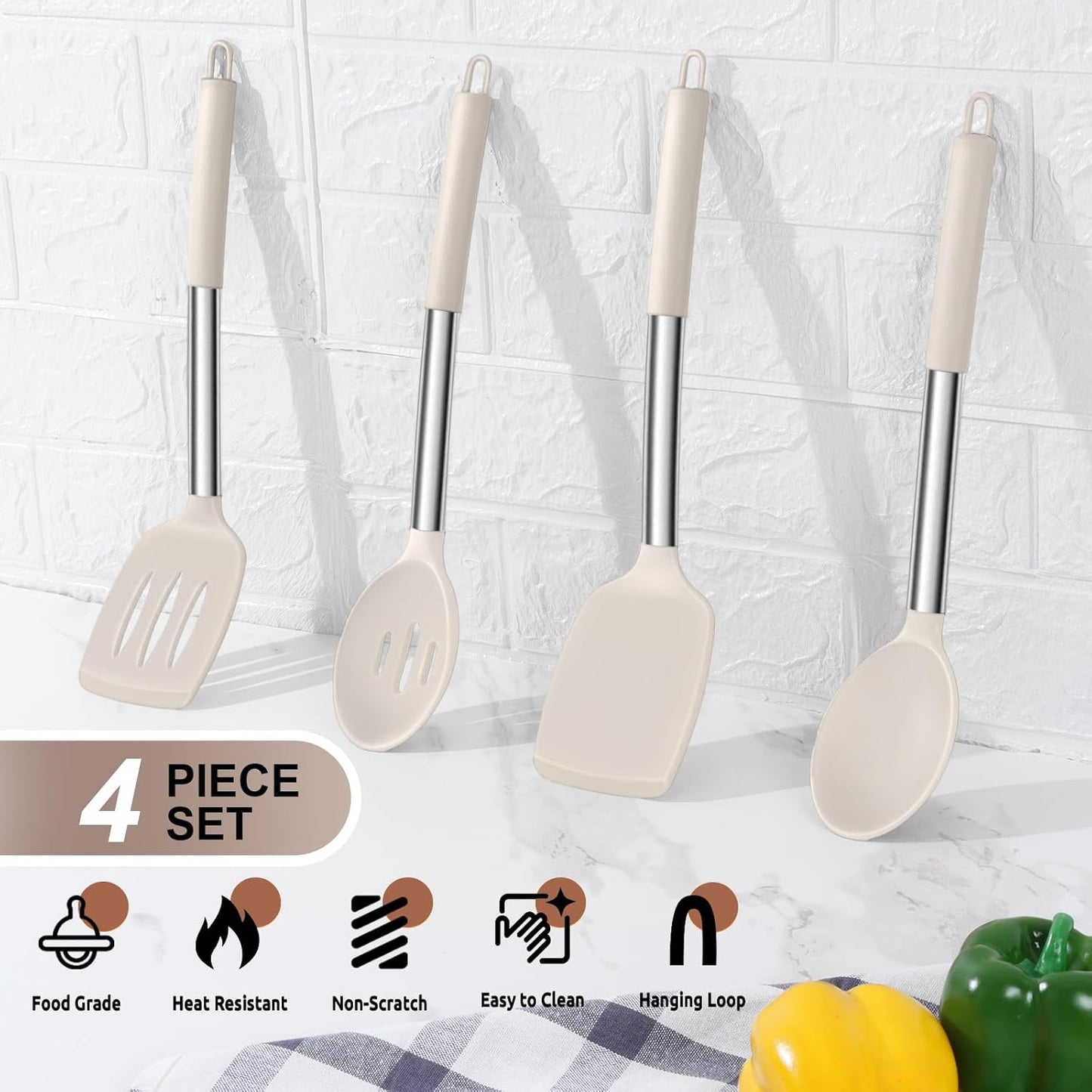 E-far Cooking Utensils Set of 4, Silicone Kitchen Utensils for Non-stick Cookware, Heat Resistant & Non-toxic Slotted Spatula Solid Spoon Turner for Flipping Mixing Serving Basting(Black)