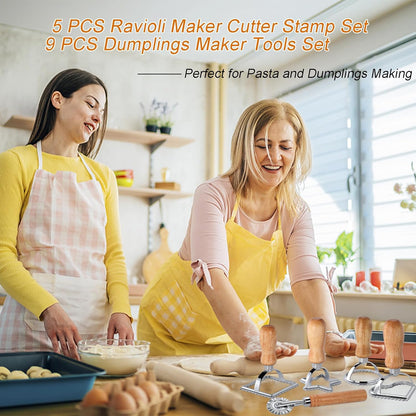 [14 Pieces Upgraded] Ravioli Pasta Cutter Wheel Set, Ravioli Maker Cutter with Roller Wheel with Wooden Handle, Pasta Press Wheel Pasta Tools For Pasta Making Dumplings, Pierogi (14-Pcs Set)