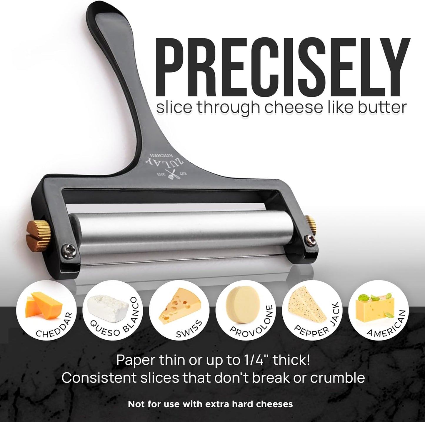 Zulay Kitchen Stainless Steel Wire Cheese Slicer - Adjustable Hand Held Cheese Cutter with 2 Extra Wires - Premium Cheese Shaver For Mozzarella, Cheddar, Gruyere - Cheese Cutter with Wire (Gunmetal)