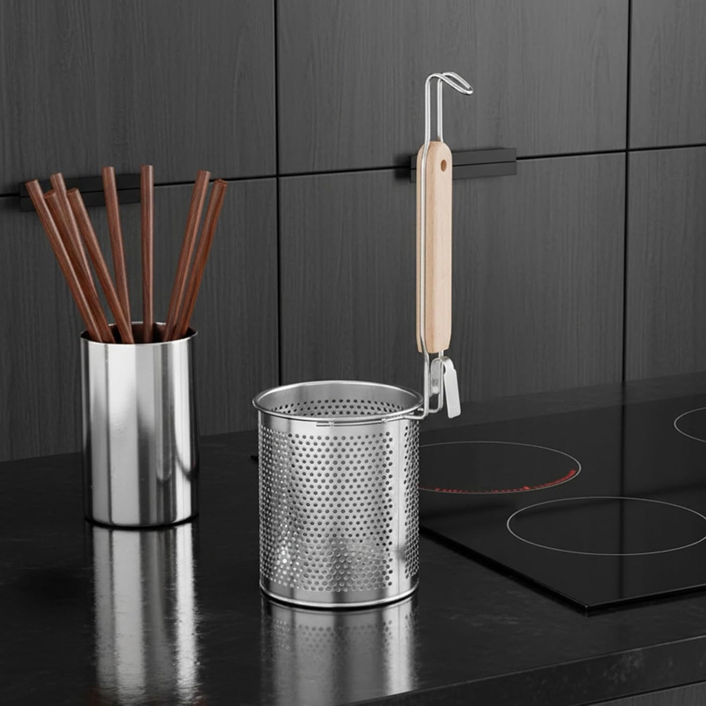 2 Pcs Pasta Strainer Basket, 5"x4.5" Stainless Steel Noodle Strainer with Wood Handle Kitchen Mesh Spider Strainers for Straining Pasta Noodles Dumpling