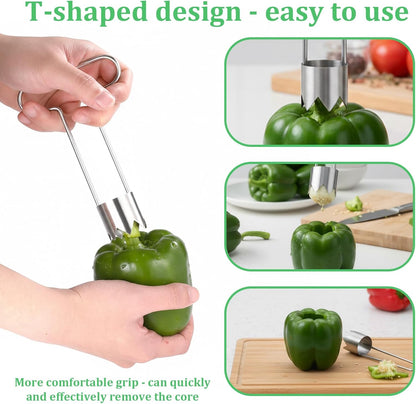 2pcs Red Bell Pepper Seed Corer Upgraded T Shaped Corer Tool 304 Stainless Steel Multifunctional Fruit and Vegetable Core Remover Kitchen Gadgets for Pepper Pineapple Pear