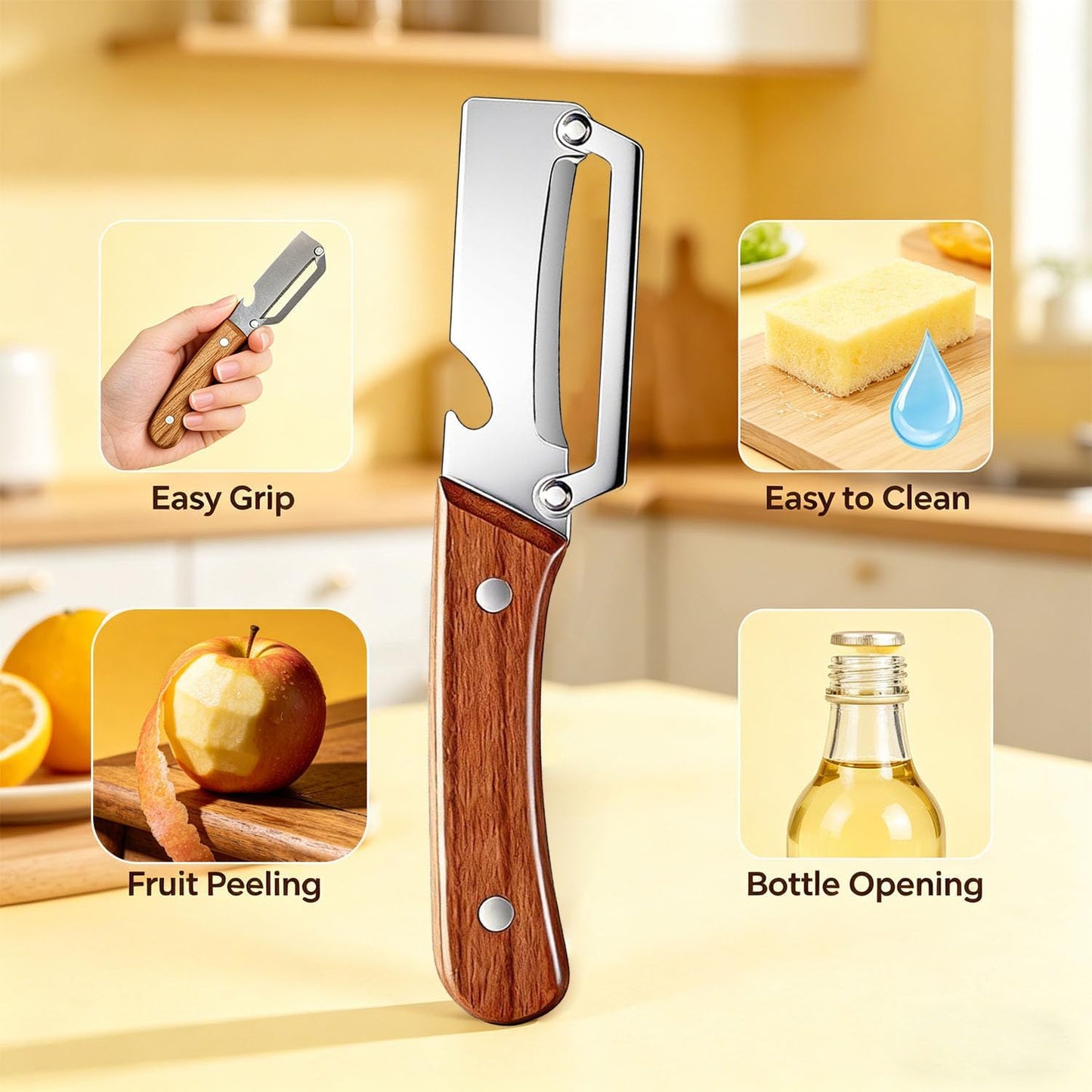 Multi Functional Vegetable Peeler for Kitchen, with Bottle Opener and Wooden Handle, 2-in-1 Stainless Steel Kitchen Tool for Fruit Potato Pumpkin(1P- 2 in 1)