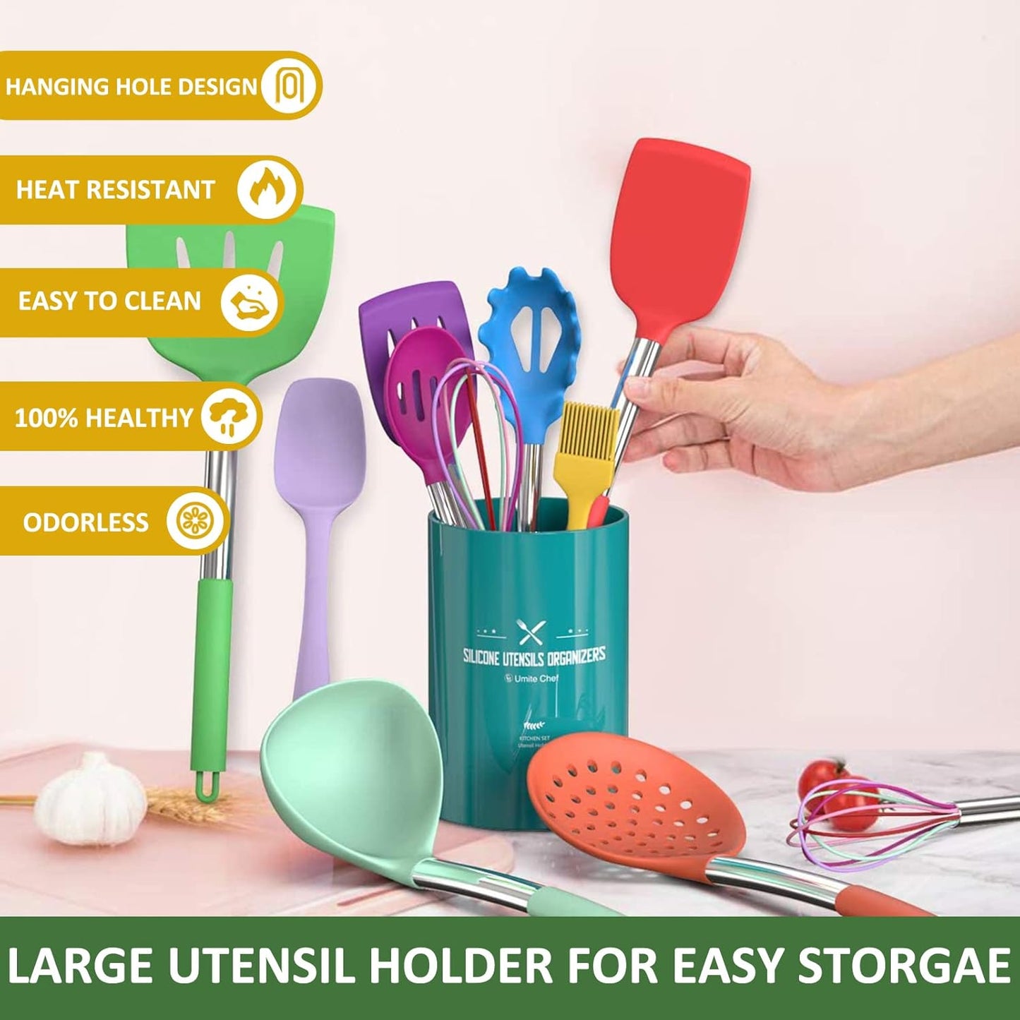 Silicone Cooking Utensil Set, Umite Chef 15pcs Silicone Cooking Kitchen Utensils Set, Non-stick - Best Kitchen Cookware with Stainless Steel Handle - Black Kitchen Utensils