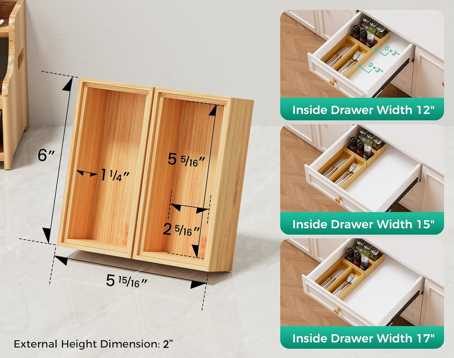 Long Bamboo Kitchen Drawer Organizer Boxes – 17" x 6" Stackable Wood Silverware Utensil Tray for Drawers Bins Cutlery & Flatware Storage – Wooden Pantry Organizers Set of 2 for Junk Drawer Bathroom Rv