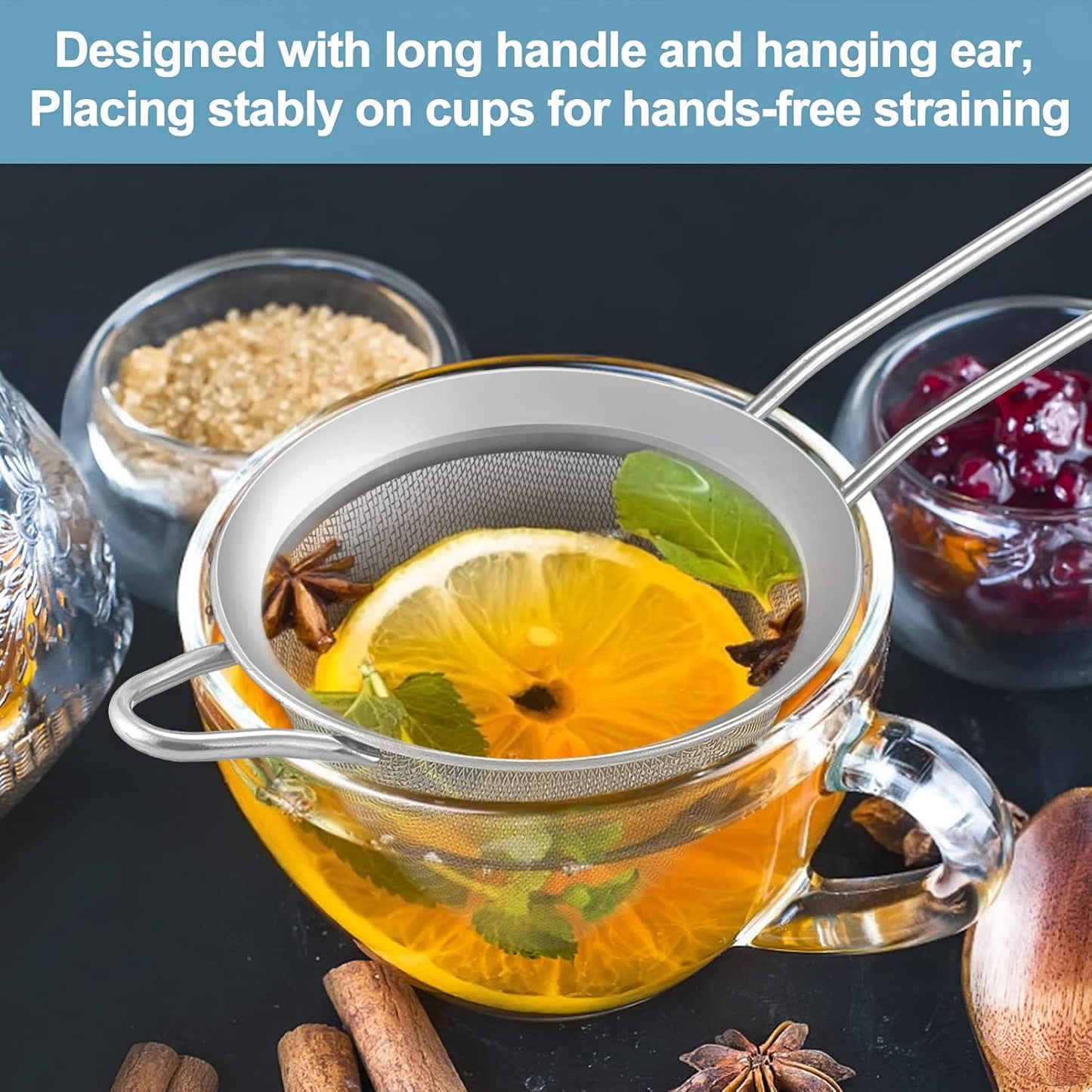 TeamFar Fine Mesh Strainer Set of 2, 3.3’’ Stainless Steel Small Conical Cone Mesh Tea Strainer for Cocktails Coffee Juice Tea, Healthy & Easy Clean, Long Handle & Hanging Loop, Silver
