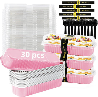 Mini Loaf Pans with Lids and Spoons Sealing Sticker,30 Pcs 6.8oz Cake Pans for Baking Disposable Aluminum Foil Christmas Cake Pan (30 PCS GOLD)