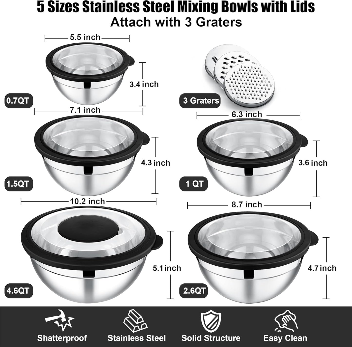 E-far Mixing Bowls Set of 5, Stainless Steel Salad Mixing Bowl with Transparent Lid, Metal Nesting Bowl Attach with 3 Graters for Kitchen Prepping/Serving/Baking/Storage, 4.6/2.6/1.5/1/0.7 QT - Khaki