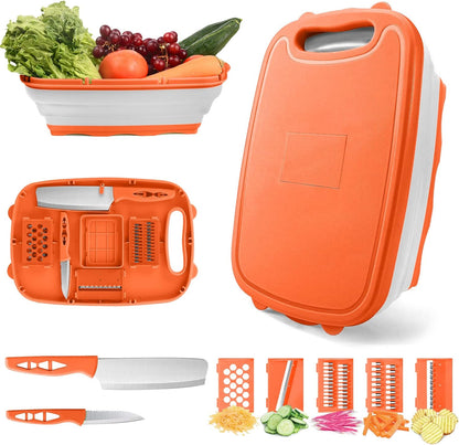 HI NINGER Collapsible Cutting Board with Colander, 9-In-1 Multi Chopping Board Kitchen Vegetable Washing Basket for Camping Gifts Camping Accessories for RV Campers