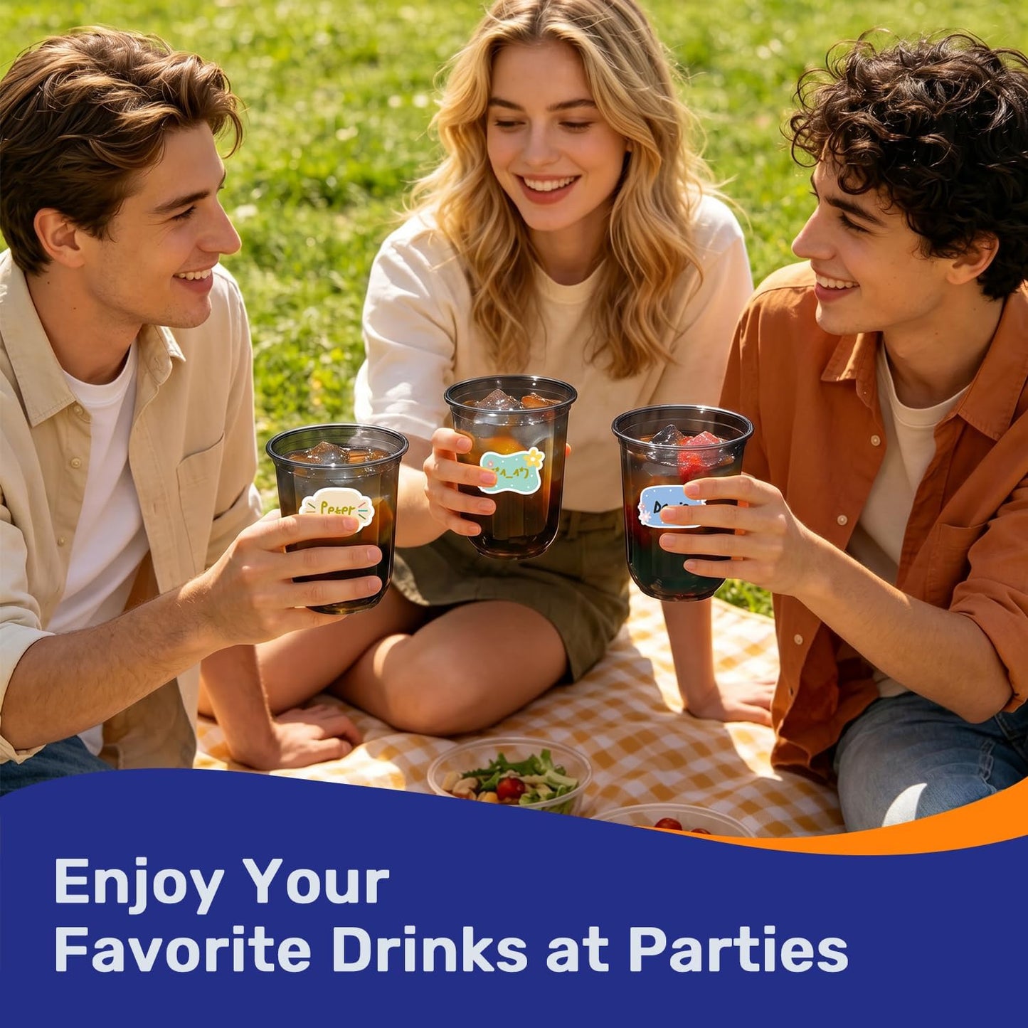 50 Pack 16oz Round Bottom Plastic Cups with Stickers, Clear Disposable Cocktail Cups for Party, Disposable Wine Glasses for Wedding, Birthday, Gathering, Drinks, Cold Beverage