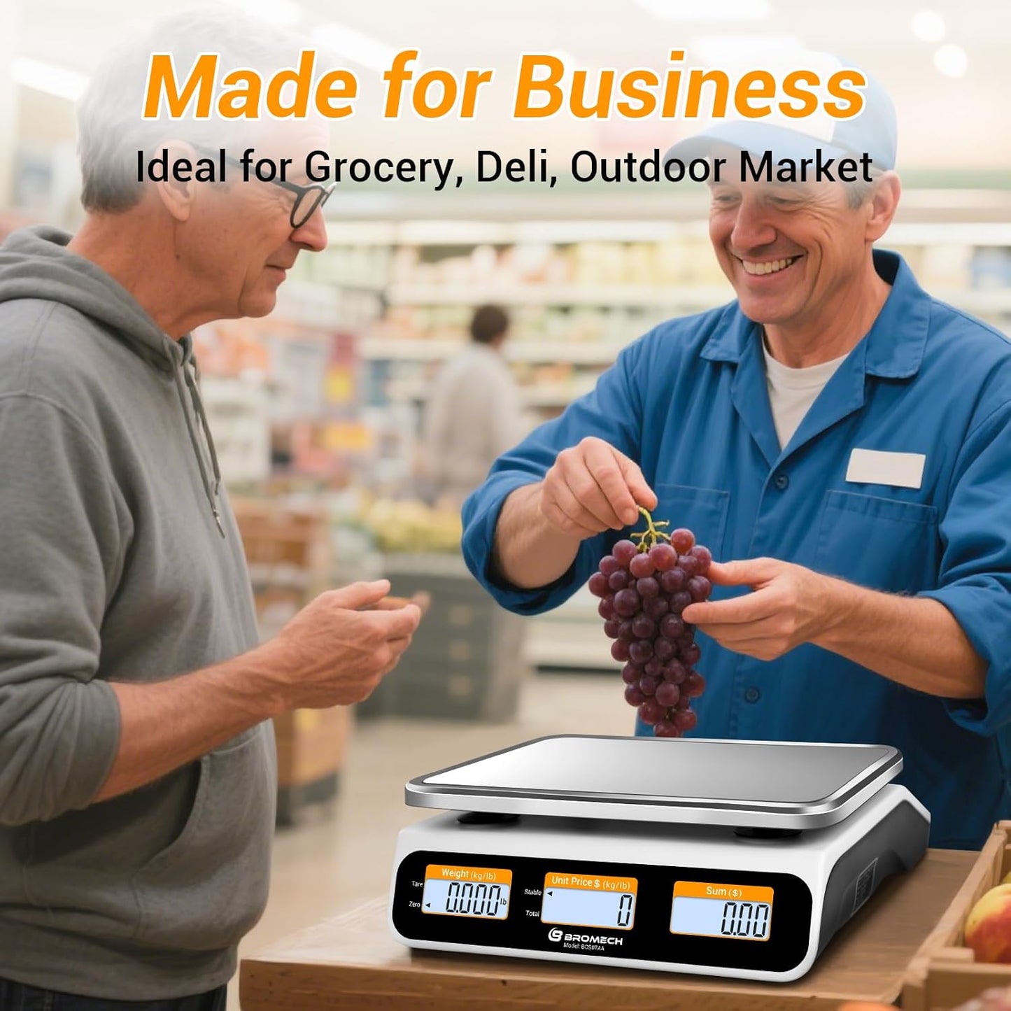 Commercial Food Scale 66lb/30kg, High Precision Digital Price Computing Scale for Farmers Marke, Deli, Dual Backlit LCD Display, Stainless Steel Platform, Rechargeable Battery for Produce Meat