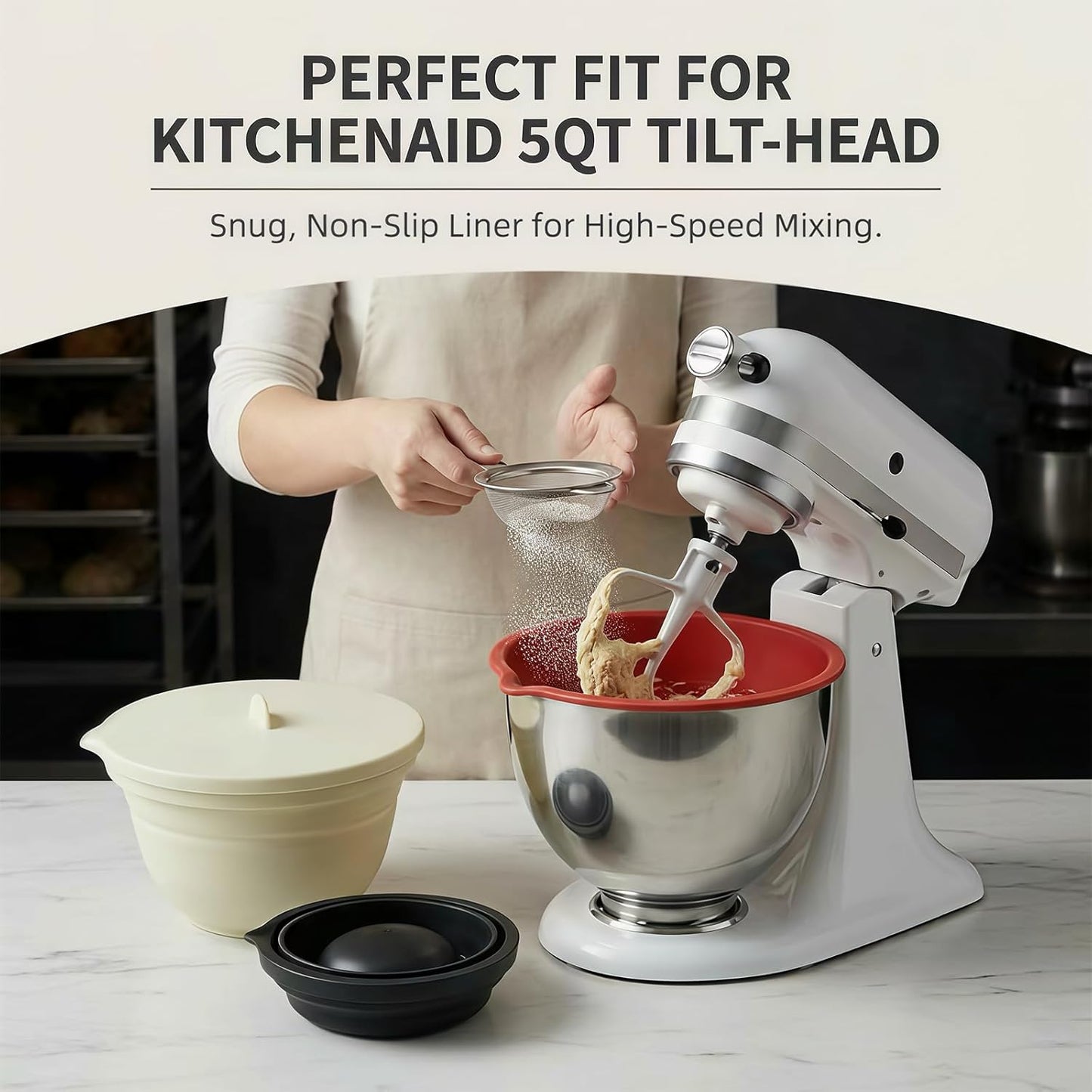 3-Pack Collapsible Silicone Bowl Liners Inserts for KitchenAid 5QT Tilt-Head Mixer Accessories, with Airtight Lids, Food Grade for Dough Proofing & Space-Saving Storage
