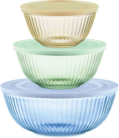Pyrex Colors Tinted (3-Pack, Full Set) Sculpted Tinted Glass Mixing Bowls With Plastic Lids, Nesting Space Saving Set of Bowls For Prepping and Baking, 1.3QT, 2.3QT & 4.5QT