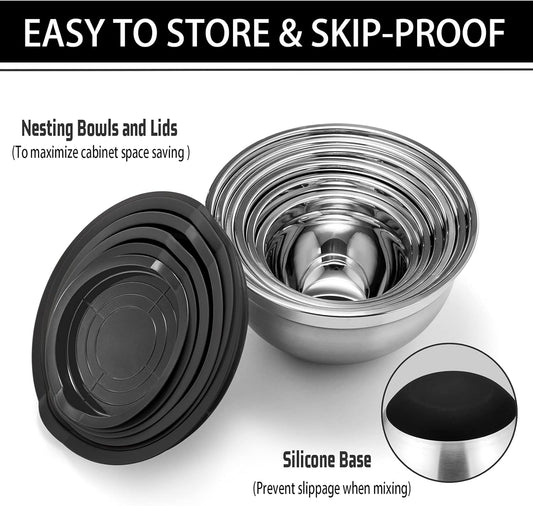 P&P CHEF Mixing Bowls With Lids, Set of 6, Stainless Steel Nesting Mixing Bowls & Fitting Lids & Non-Slip Silicone Bottom, Ideal for Mixing, Storing, Size 0.7/1/1.5/2.5/3/4.6 Qt, Multicolor