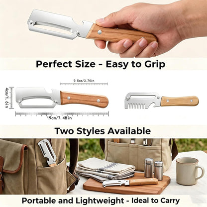 Multifunctional Vegetable Peeler With Wooden Handle, 3 In 1 Stainless Steel Sharp Knife For Fruit And Hard Skinned Produce, Kitchen Tool With Bottle Opener (2pcs)