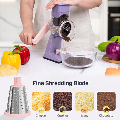 Upgraded Rotary Cheese Grater with 3 Interchangeable Stainless Steel Drums, One-Press Powerful Suction Manual Vegetable Shredder&Slicer for Kitchen, 15pcs Storage Bags Included, Rose-red&Green
