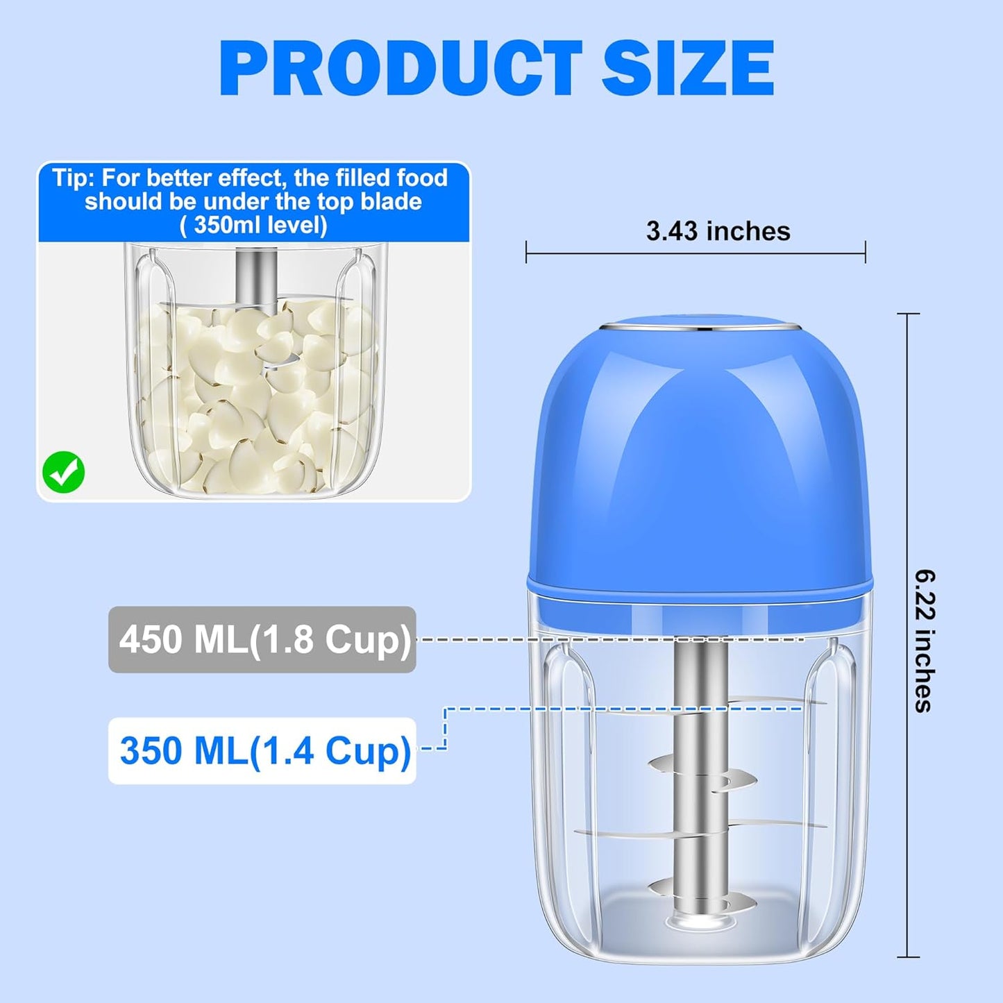 450ML (1.8 Cup) Electric Garlic Chopper, Mini Portable Food Processor, Garlic Grinder Masher for Onion, Ginger, Chili, Fruit, Vegetable, Meat