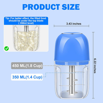 450ML (1.8 Cup) Electric Garlic Chopper, Mini Portable Food Processor, Garlic Grinder Masher for Onion, Ginger, Chili, Fruit, Vegetable, Meat