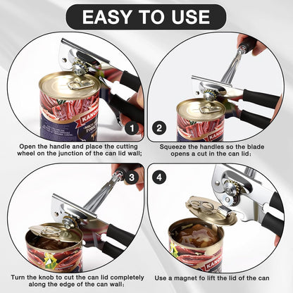 Can Opener Manual Heavy Duty Stainless Steel Smooth Edge with Magnet Large Effort Saving Knob Soft Grip Handle for Arthritis Elderly with Bottle Opener Kitchen Tool Black