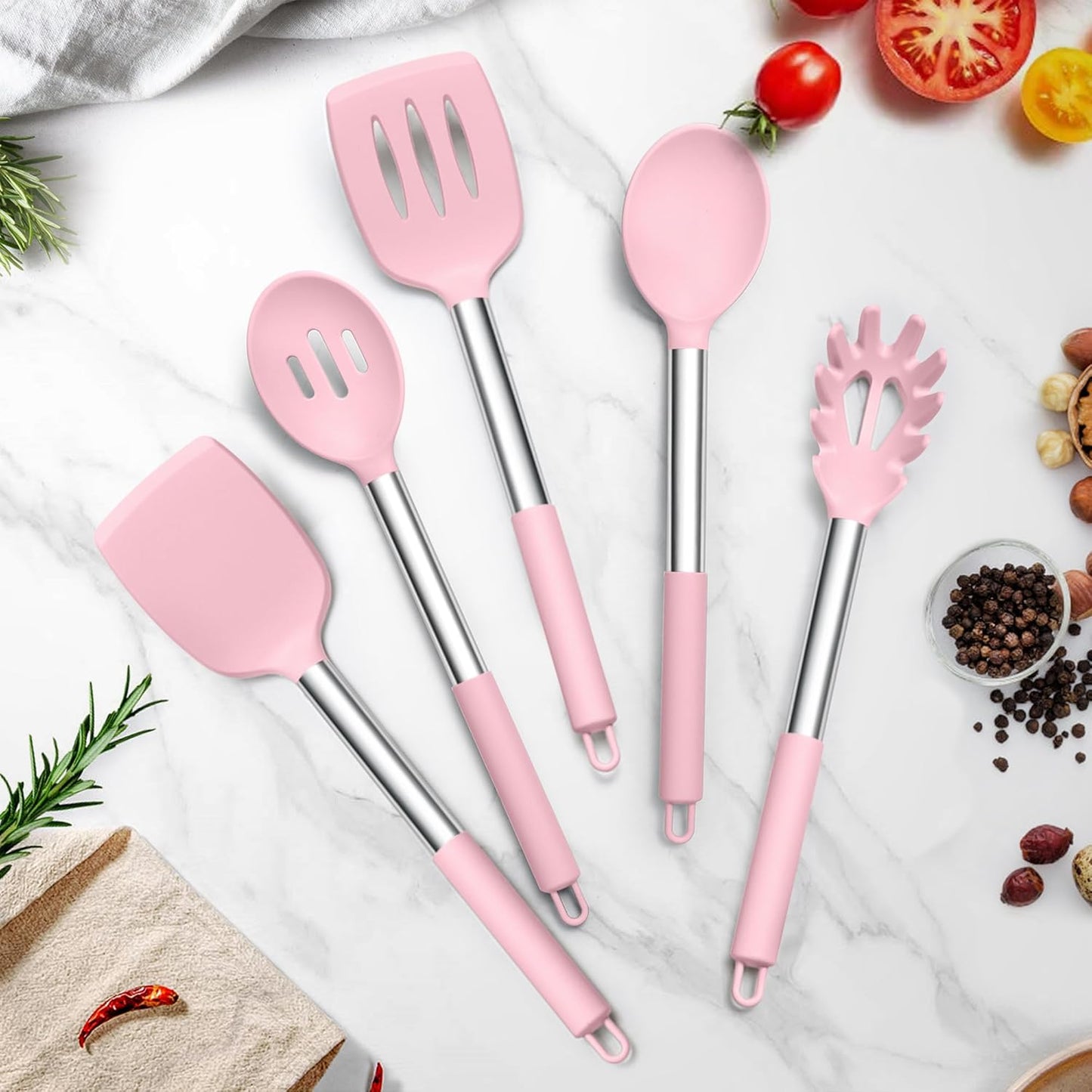 TeamFar Cooking Utensils Set, 5 PCS Silicone Kitchen Utensils with Stainless Steel Handle, for Nonstick Cookware Flipping Frying Turning Draining, Heatproof & Healthy, Nonstick & Easy Clean, Black