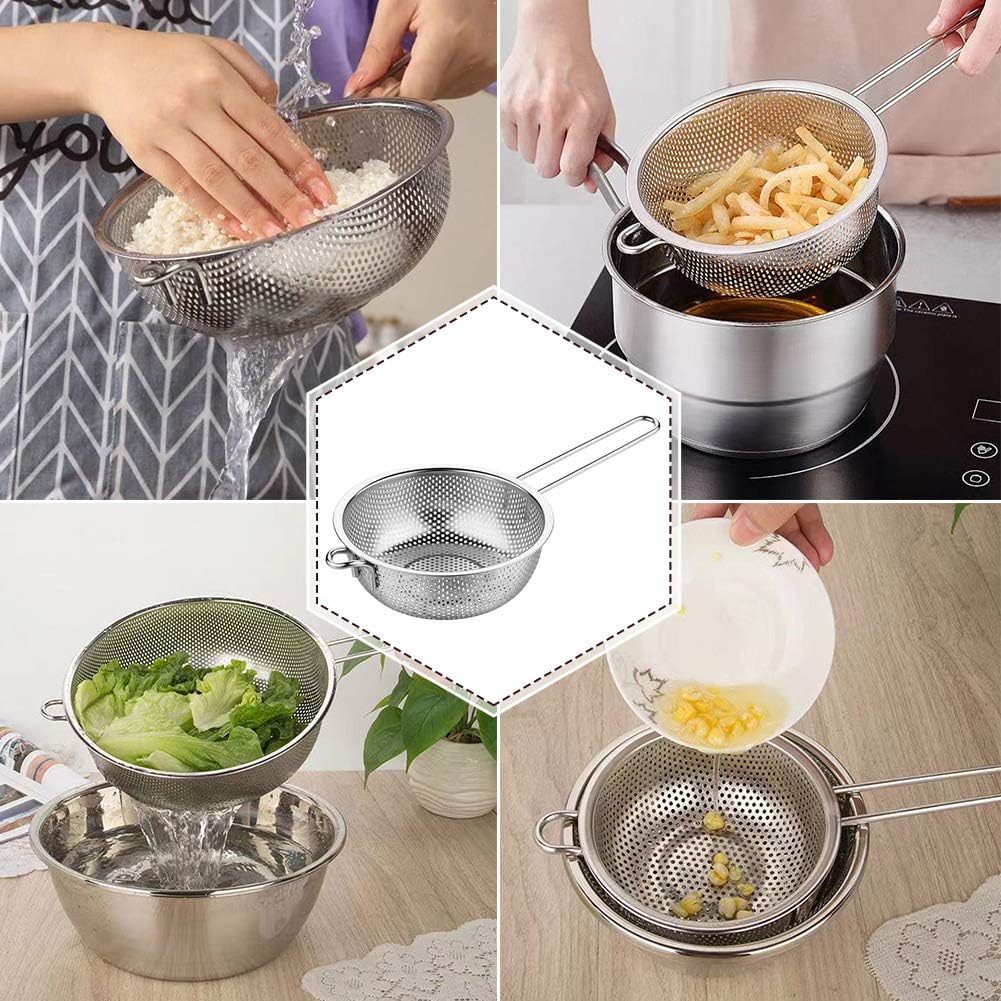 Stainless Steel Colander Fine Mesh Colander with Long Handle, Kitchen Metal Food Strainers with Resting Feet for Strain, Rinse, Fry, Steam or Cook Vegetables & Pasta & Wash fruits(COLOR:silver)