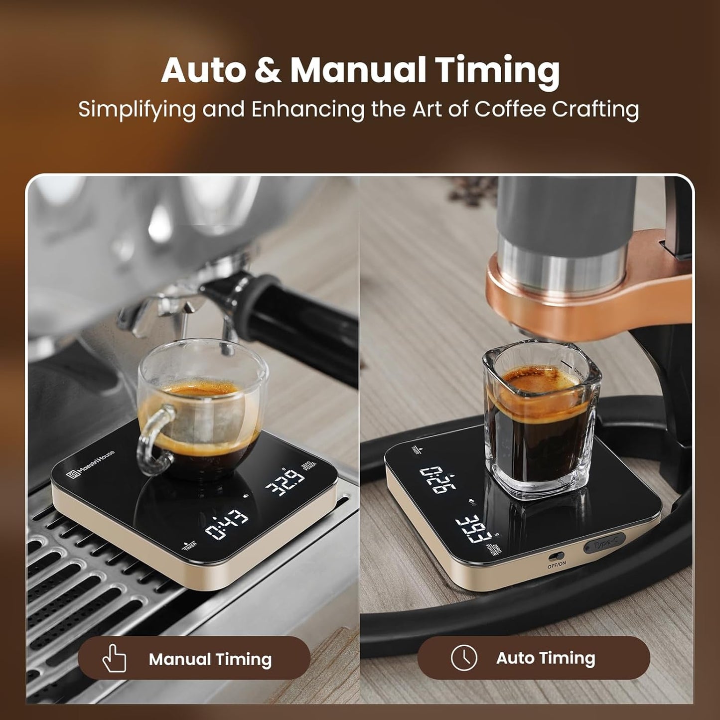 Maestri House Mini Coffee Scale with Timer, USB-C Rechargeable Espresso Scale, 2kg/0.1g Accurate Scale for Espresso and Pour-Over Coffee, Portable Digital Kitchen Scale with Auto Timer (Black&Silver)