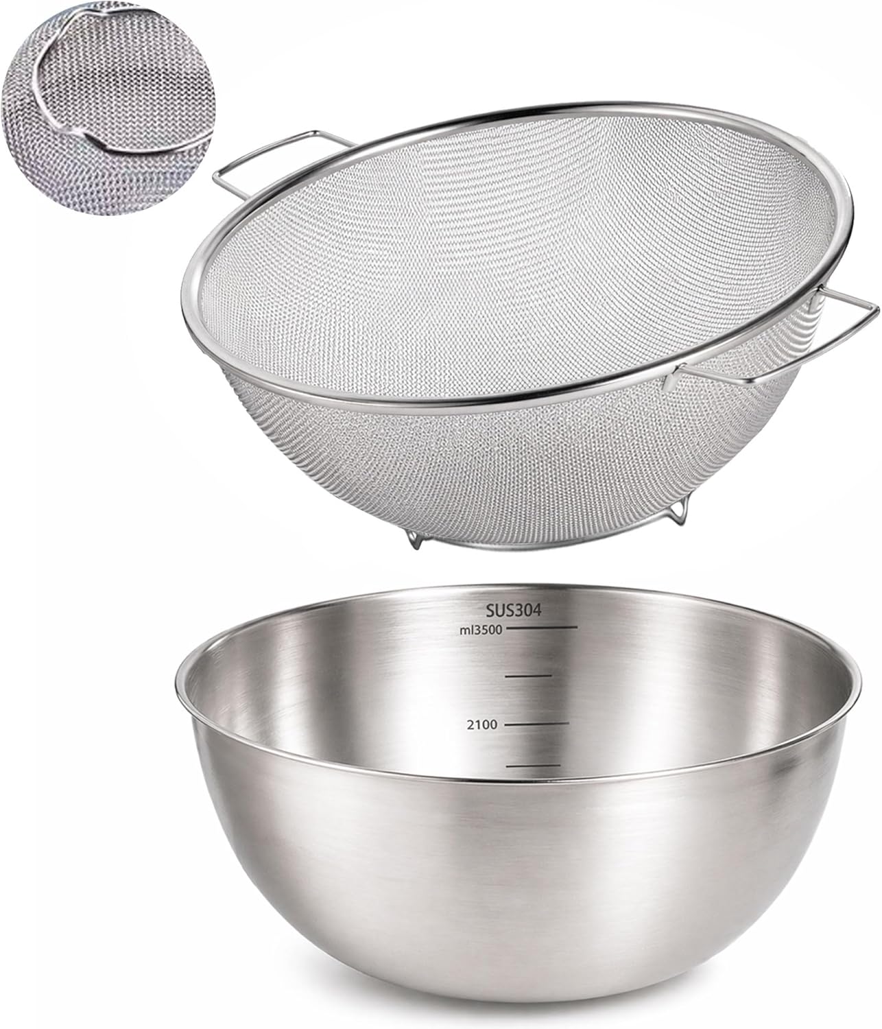 304 Stainless Steel Kitchen Colander Set, 3.5QT Colander with Handle and Bowl, 40 Mesh Fine Strainer, Fast Draining for Rice, Pasta, Fruits & Vegetables, Dishwasher Safe