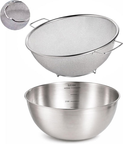 304 Stainless Steel Kitchen Colander Set, 3.5QT Colander with Handle and Bowl, 40 Mesh Fine Strainer, Fast Draining for Rice, Pasta, Fruits & Vegetables, Dishwasher Safe