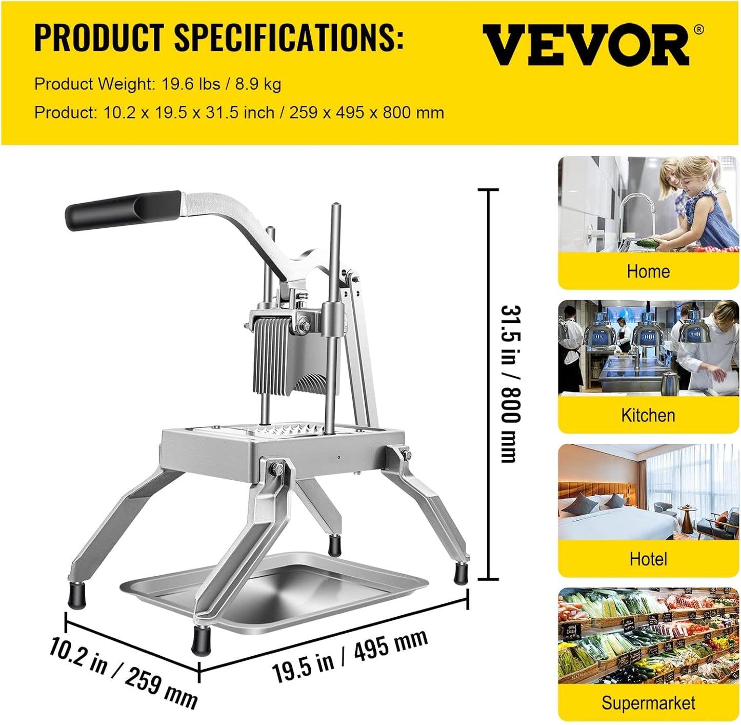 VEVOR Commercial Vegetable Fruit Dicer,Onion Cutter Heavy Duty Stainless Steel Removable and Replaceable Kattex Chopper,3/8" Tomato Slicer with Tray Perfect for Potatoes, Carrots, peppers, Silver