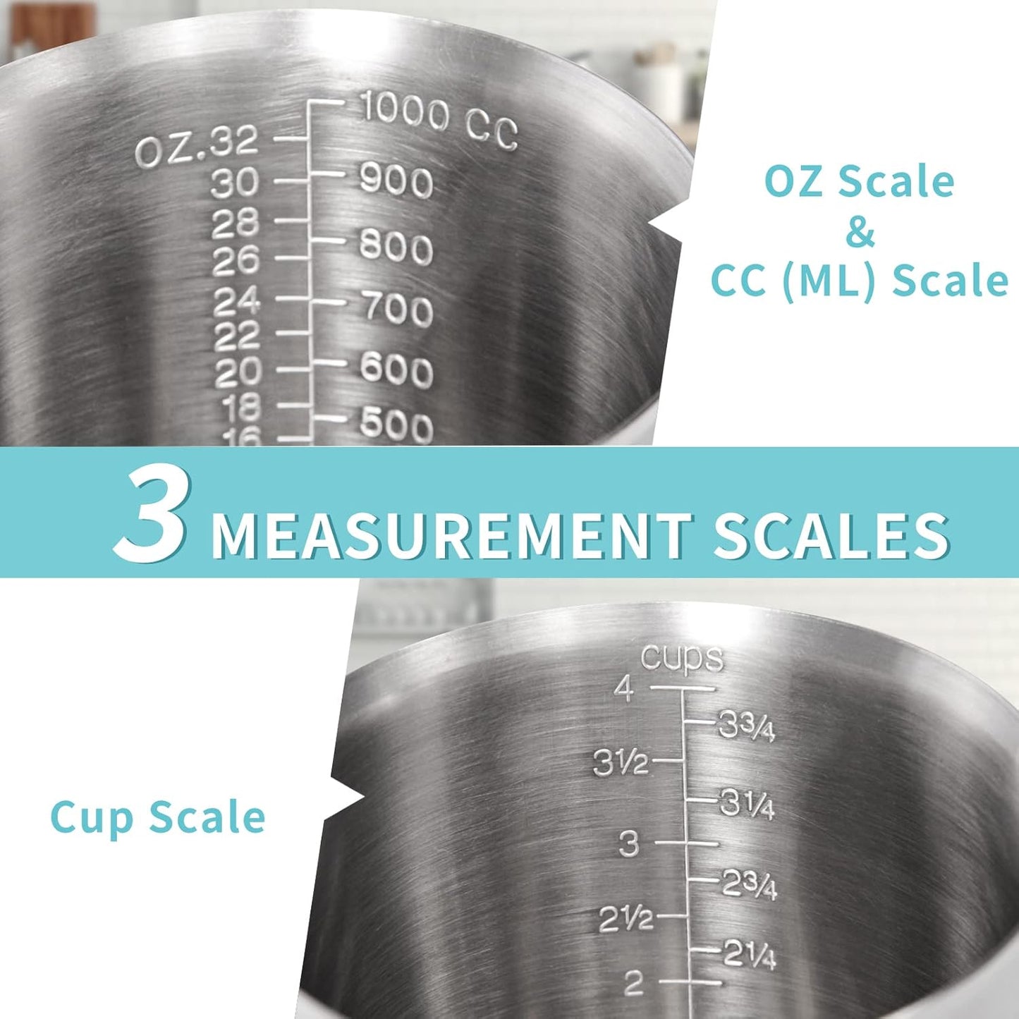 Newness Stainless Steel Measuring Cup, Metal Measuring Cup with Handle (Upgraded, 3 Marking Including Cup/ML/Ounce Scale), 16 Ounces (0.5 Liter, 2 Cup)