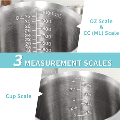 Newness Stainless Steel Measuring Cup, Metal Measuring Cup with Handle (Upgraded, 3 Marking Including Cup/ML/Ounce Scale), 16 Ounces (0.5 Liter, 2 Cup)