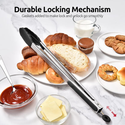 600ºF Heat Resistant Kitchen Tongs: U-Taste 9 inch Silicone Cooking Tong with Firm Sealed Non Stick Rubber Tips & Silicon Coated 18/8 Stainless Steel Handle & Smooth Locking for Serving Salad (Black)