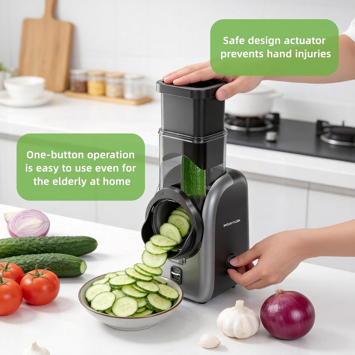 Electric Cheese Grater and Vegetable Slicer, 4 in 1 Salad Maker with Stainless Steel Blades, One-Touch Control Multifunctional Rotary Cutter for Potatoes Carrots Cucumbers Fruits Salad etc.