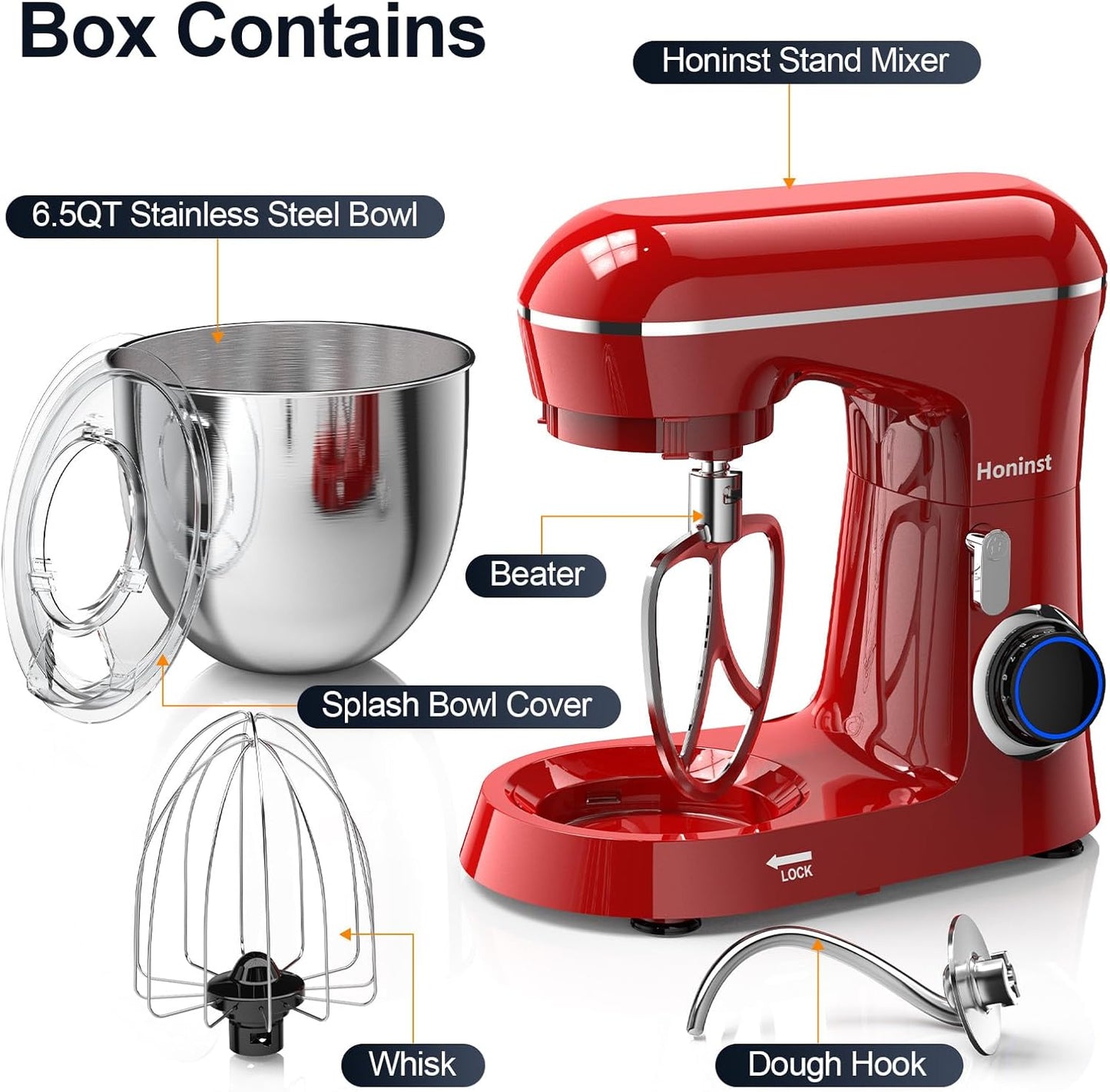 Honinst Stand Mixer, 6.5QT 10-Speed Tilt-Head Electric Stand Mixer, 3-In-1 Kitchen Mixer with Bowl, Dough Hook, Whisk and Beater, Food Mixer for Baking, Cake and Most Home Cooks, Black