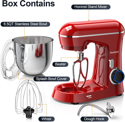 Honinst Stand Mixer, 6.5QT 10-Speed Tilt-Head Electric Stand Mixer, 3-In-1 Kitchen Mixer with Bowl, Dough Hook, Whisk and Beater, Food Mixer for Baking, Cake and Most Home Cooks, Black